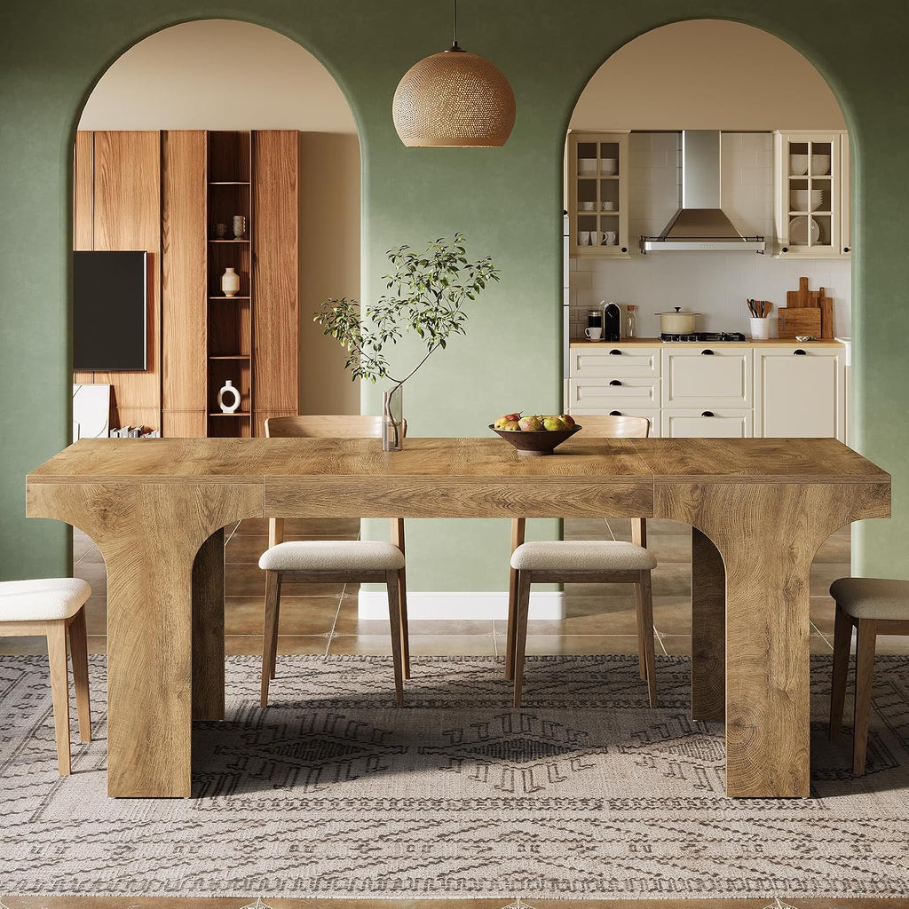 Tribesigns 71-Inch Farmhouse Dining Table for 6-8, Long Wooden Kitchen Table with Arched Design, Large Rectangular Dining Room Furniture with Double Pedestal for Dinner, Banquet, Natural Wood Grain