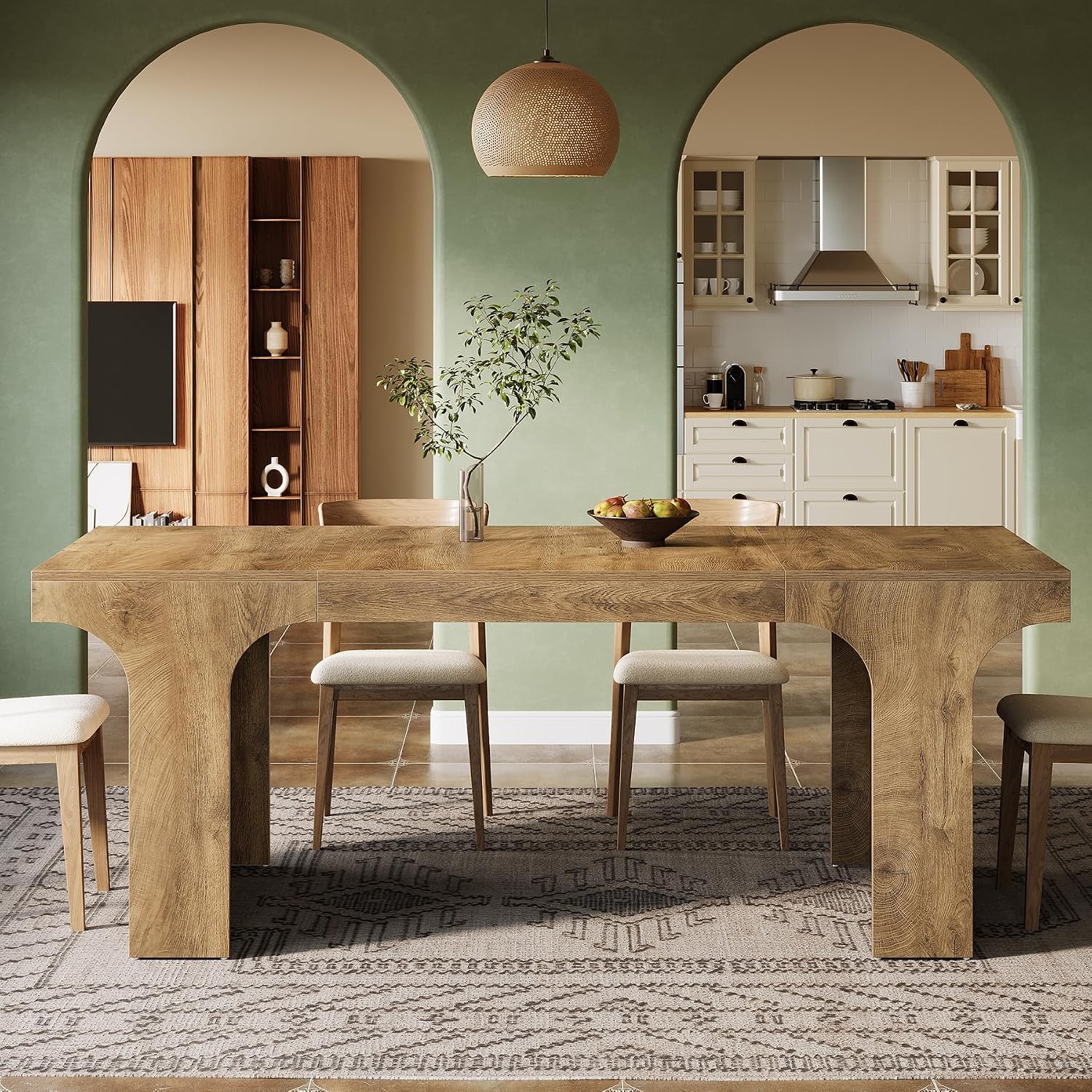 Tribesigns 71-Inch Farmhouse Dining Table for 6-8, Long Wooden Kitchen Table with Arched Design, Large Rectangular Dining Room Furniture with Double Pedestal for Dinner, Banquet, Natural Wood Grain