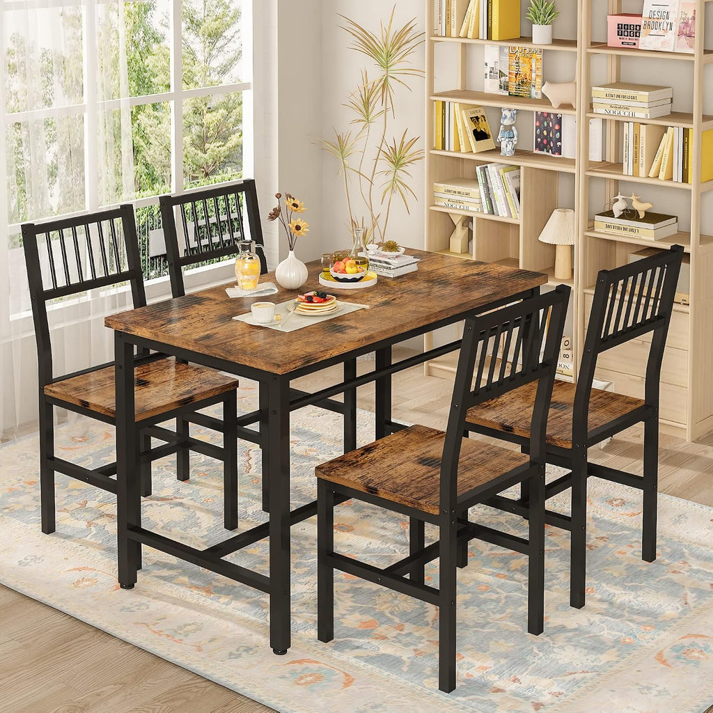 AWQM 47.2 Inch Dining Table Set for 4,Industrial Table with 4 Curved Chairs Set,5-Piece Rectangular Kitchen Table Set for Dining Room,Breakfast Nook,Small Space