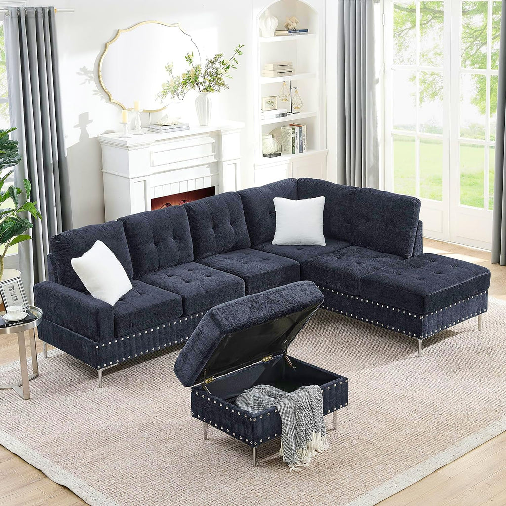 102' L-Shaped Sectional Coch with Chaise & Storage Ottoman, 4-Seater Chenille Upholstered Sofa Couch with Metal Legs & Copper Rivets, Sectional Couches for Living Room with Pillow Back, Navy Bule