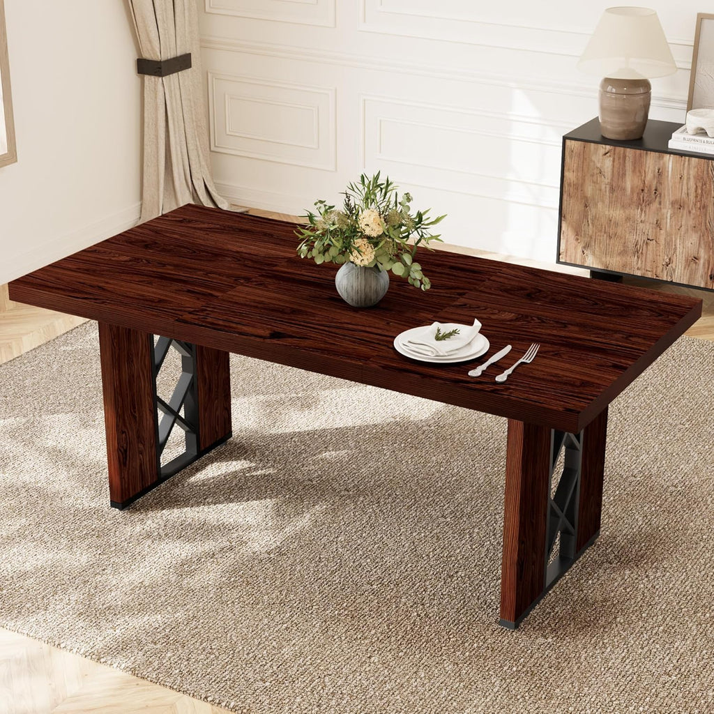 HIPIHOM 70.8' Farmhouse Dining Table for 6 People, Large Rectangle Kitchen Table with Heavy Duty Legs, Industrial Dining Room Furniture for Dinner, Walnut
