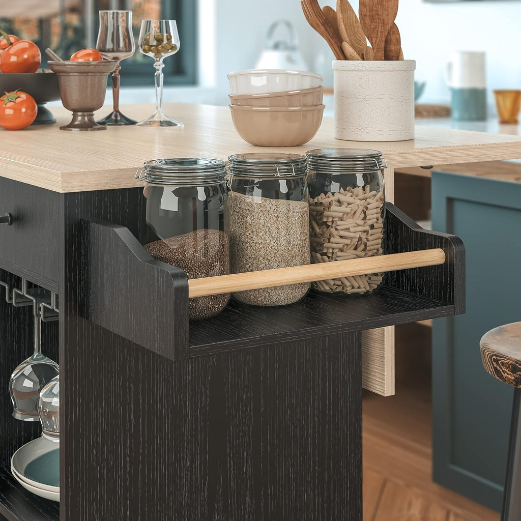 IRONCK Rolling Kitchen Island Cart with Drop-Leaf and Wine Rack, Microwave Rack Serving Cart on Wheels with Drawer & Shelves & Spice Rack & Cup Hanging, Black