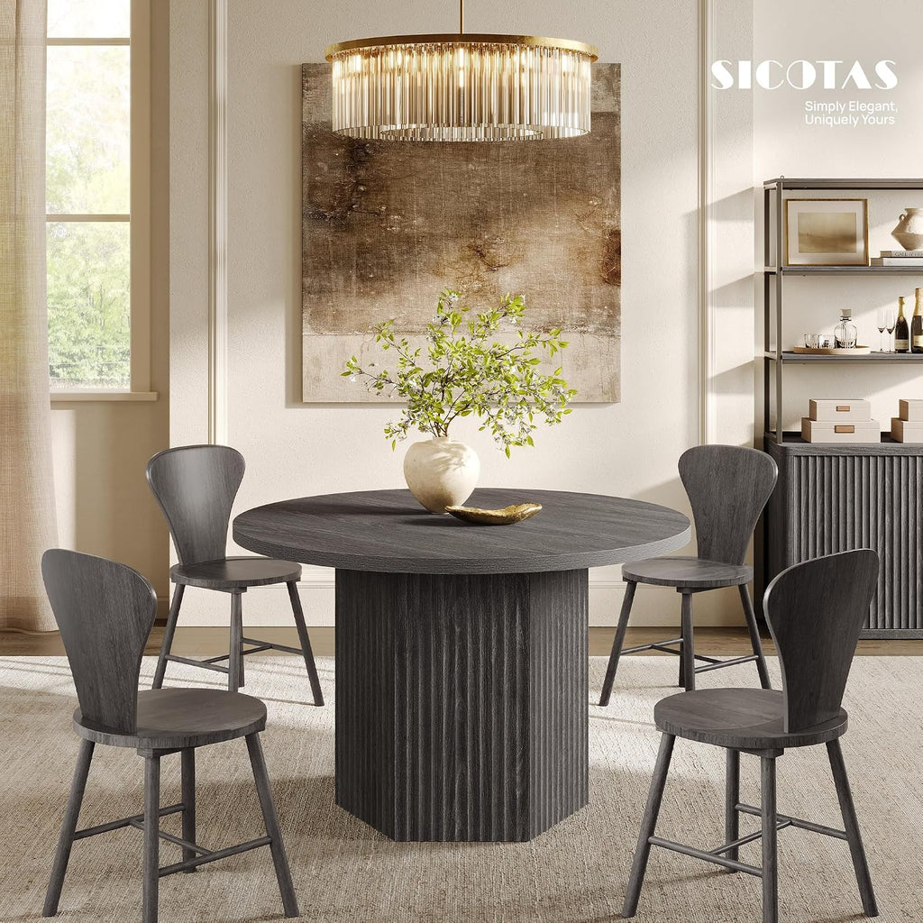SICOTAS Round Dining Table for 4 6 People 47' Fluted Kitchen Dinner Table Modern Wooden Circle Dining Room Table with Sturdy Base for Dining Room Kitchen Living Room, Dark Grey Alder