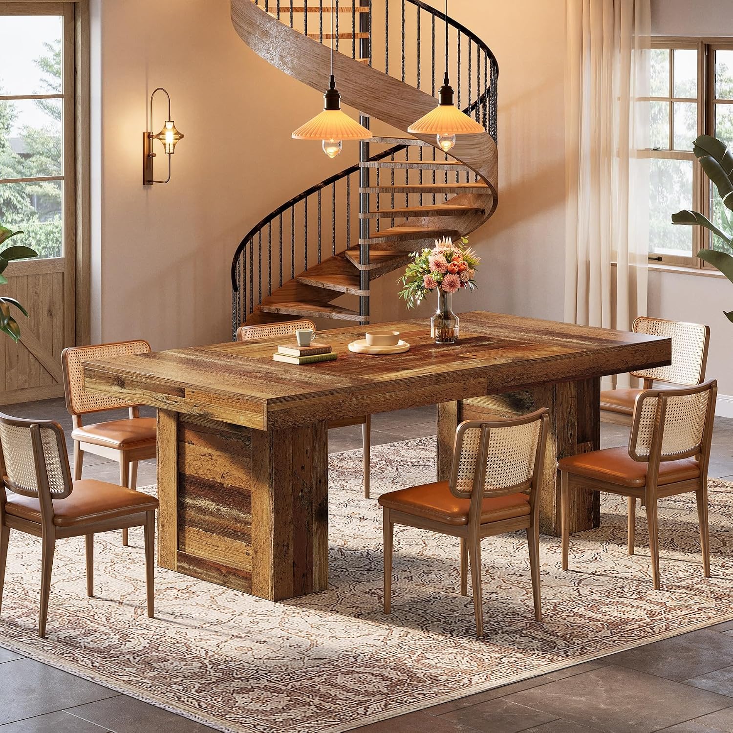 Tribesigns 63'' Farmhouse Dining Table for 6, Rectangle Wooden Kitchen Table with Heavy-Duty Legs, Rustic Large Dining Room Furniture for Family Meals, Banquets & Dinner Parties, Distressd Brown