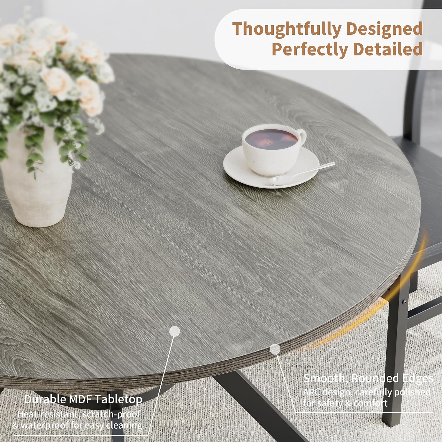 Round Dinner Table for 2-4, 42 Inch Kitchen & Dining Room Table with Storage, Wooden Circle Dining Table, Mid Century Modern Dining Table with Metal Legs for Kitchen, Living Room, Dining Room, Grey