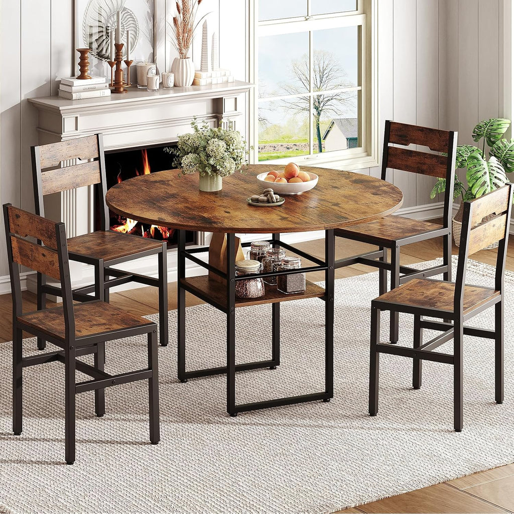 RALGEND 47.2' Round Dining Table Set for 4, Circle Kitchen Table and 4 Chairs, 5 piece Dining Table Set, with Wooden Tabletop and Widen Seat, Space Saving, for Dining Room, Rustic Brown and Black