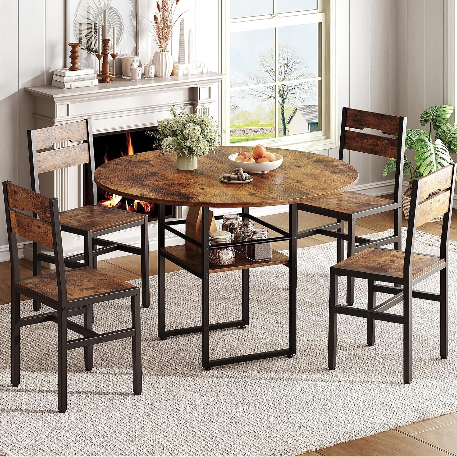 RALGEND 47.2' Round Dining Table Set for 4, Circle Kitchen Table and 4 Chairs, 5 piece Dining Table Set, with Wooden Tabletop and Widen Seat, Space Saving, for Dining Room, Rustic Brown and Black