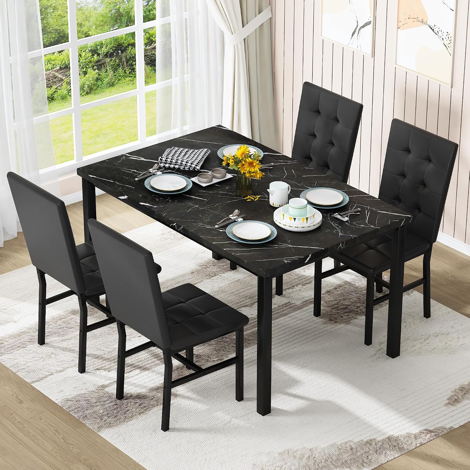 AWQM Dining Table Set for 4,Faux Marble Kitchen Table and Chairs Set of 4, Modern Dining Room Table Set for 4,Dinner Table with 4 Leather Chairs, Dinette Set for Small Spaces (Black&Black)