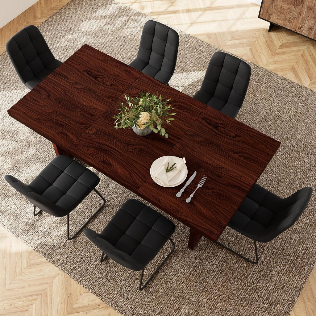 HIPIHOM 7-Piece Dining Table Set for 6 People, 70.8' MDF Kitchen Table with 6 Upholstered Chairs, Space-Saving for Dining Room, Breakfast Nook(Walnut Table+6 U-Shaped Black Chairs)