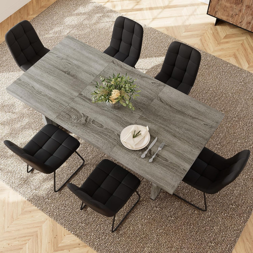 HIPIHOM 7-Piece Dining Table Set for 6 People, 70.8' MDF Kitchen Table with 6 Upholstered Chairs, Space-Saving for Dining Room, Breakfast Nook(Grey Table+6 U-Shaped Black Chairs)