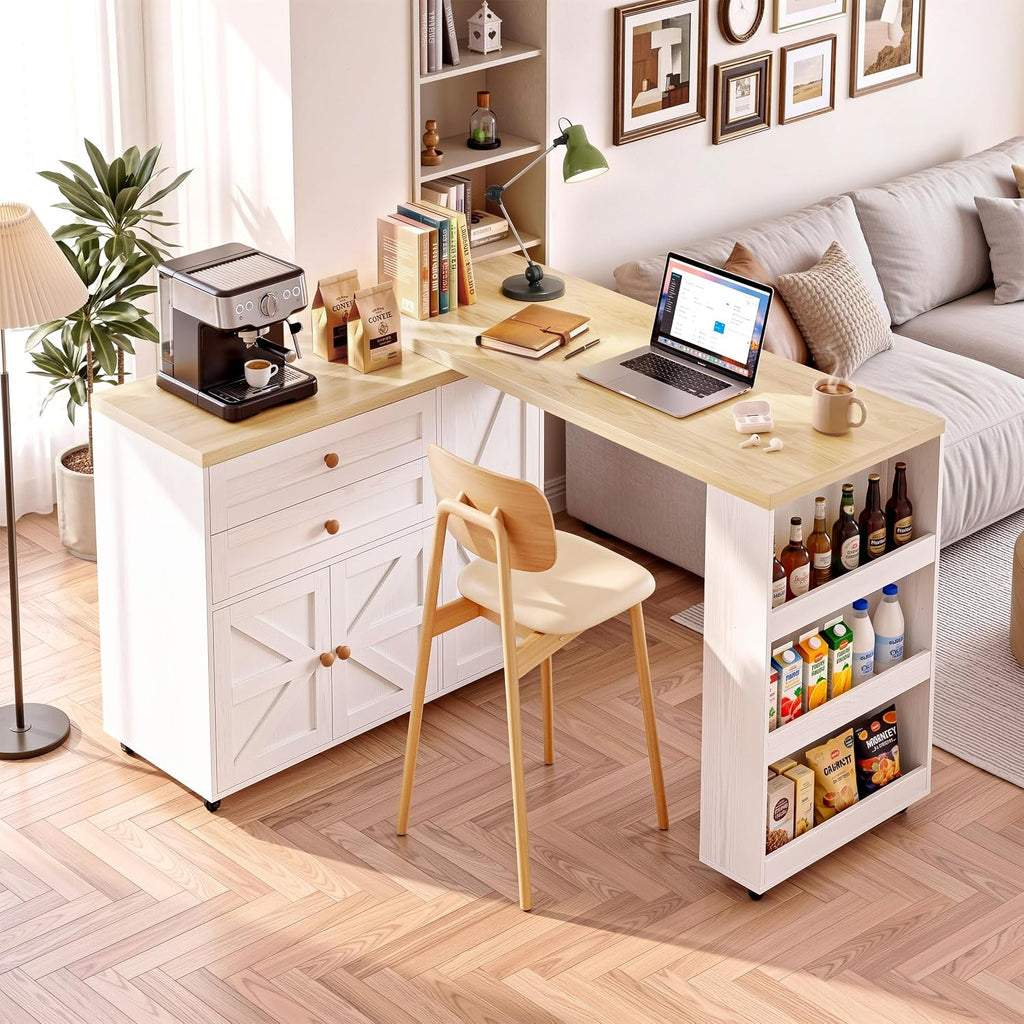 IRONCK Kitchen Island with 360° Swivel Table, 71 inch Rolling Kitchen Island Cart with Storage, Home Bar Table with Spice Rack and Drawers, Mobile Wood Kitchen Island on Wheels, White
