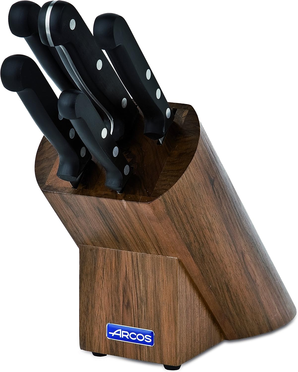 ARCOS Knife Set 5 pieces Nitrum Stainless Steel. Greater cutting power. Pine Wood Block. Ergonomic Polyoxymethylene POM Handle. Series Universal. Greater control. Color Black