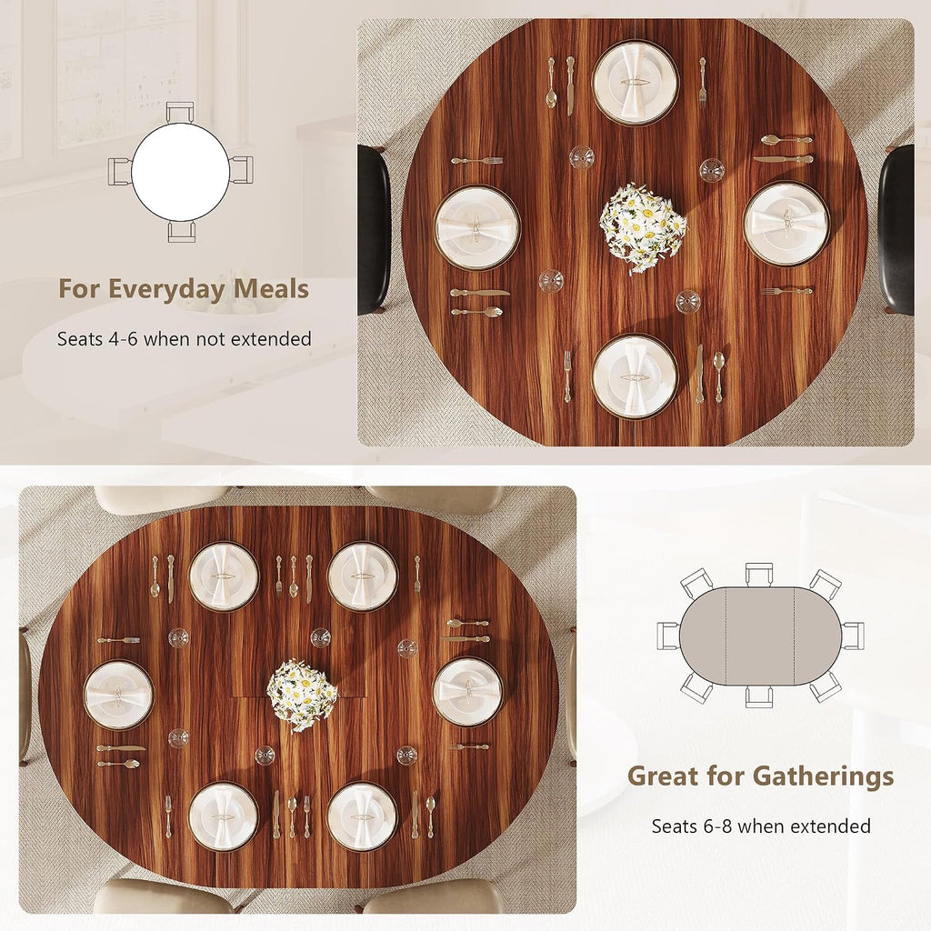 Einhomn 59' Extendable Round Dining Table for 6-8, Kitchen Table with Sturdy Double Arc Base & Backboard Clasp Desktop, Mid-Century Modern Dinner Table, Kitchen Dining Room, Space Saving, Walnut