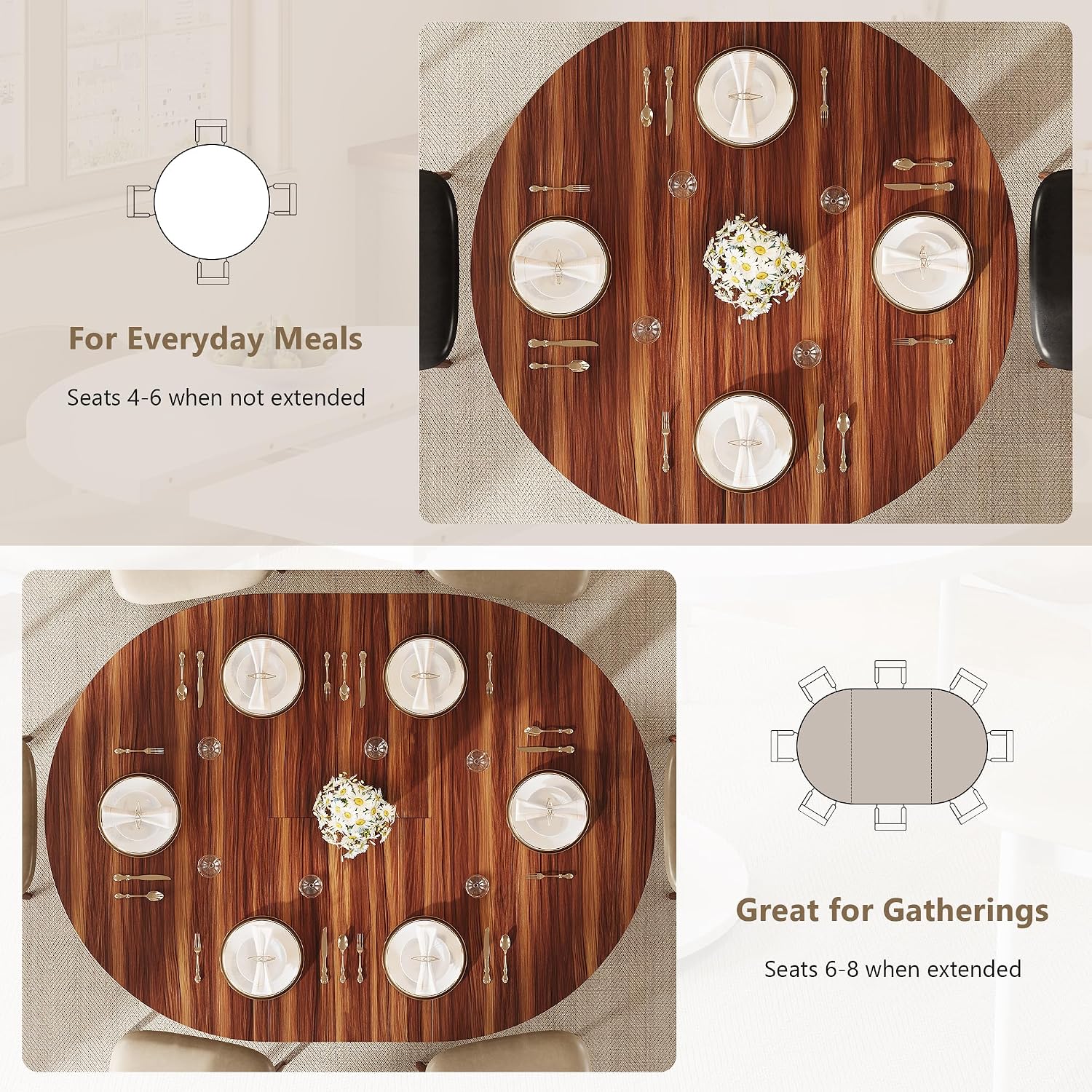 Einhomn 59' Extendable Round Dining Table for 6-8, Kitchen Table with Sturdy Double Arc Base & Backboard Clasp Desktop, Mid-Century Modern Dinner Table, Kitchen Dining Room, Space Saving, Walnut