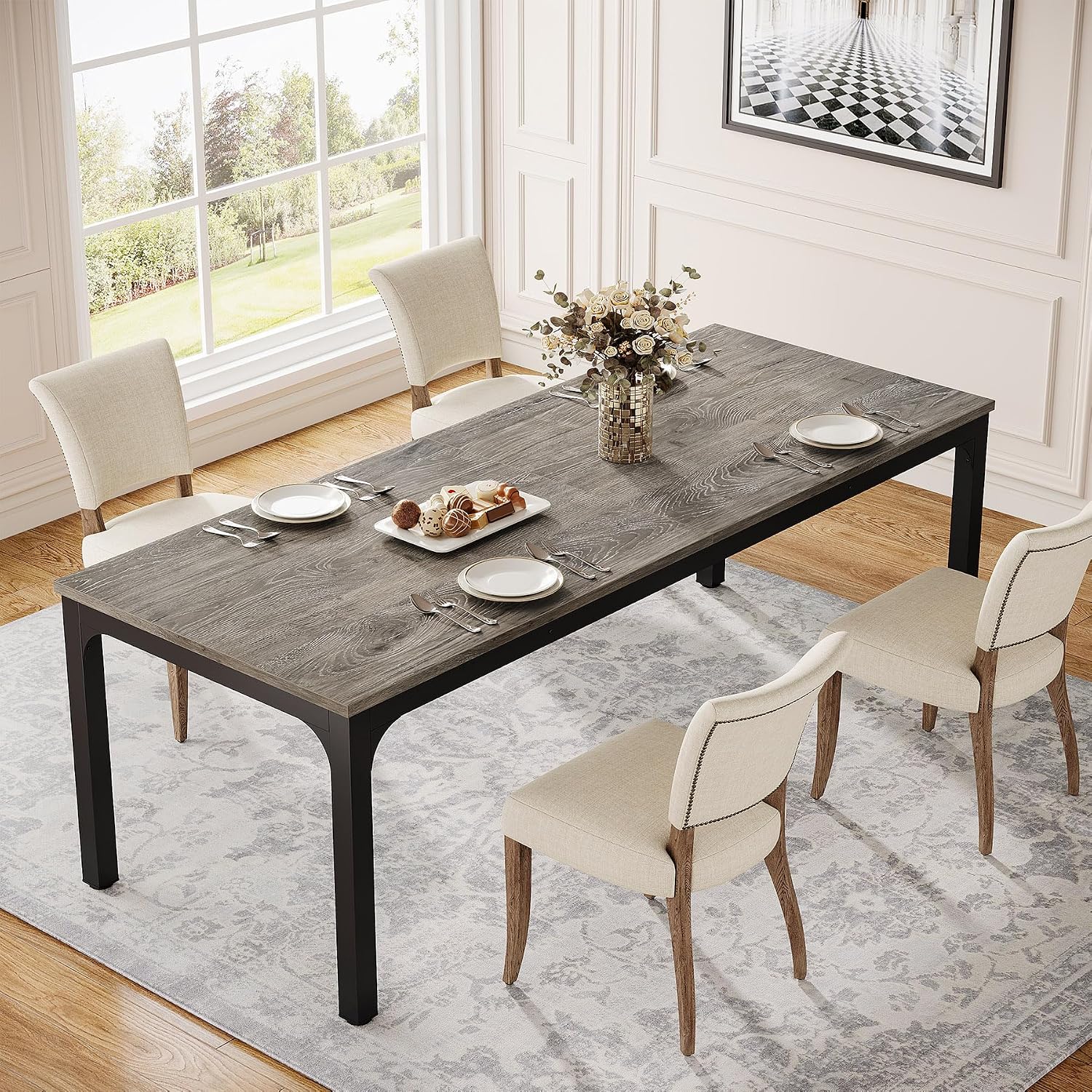 Tribesigns Dining Table for 8, 78-Inch Large Narrow Long Rectangular Kitchen Dinner Table, 8 Seat Rustic Wood Dining Table for Dining Room (Gray+Black)