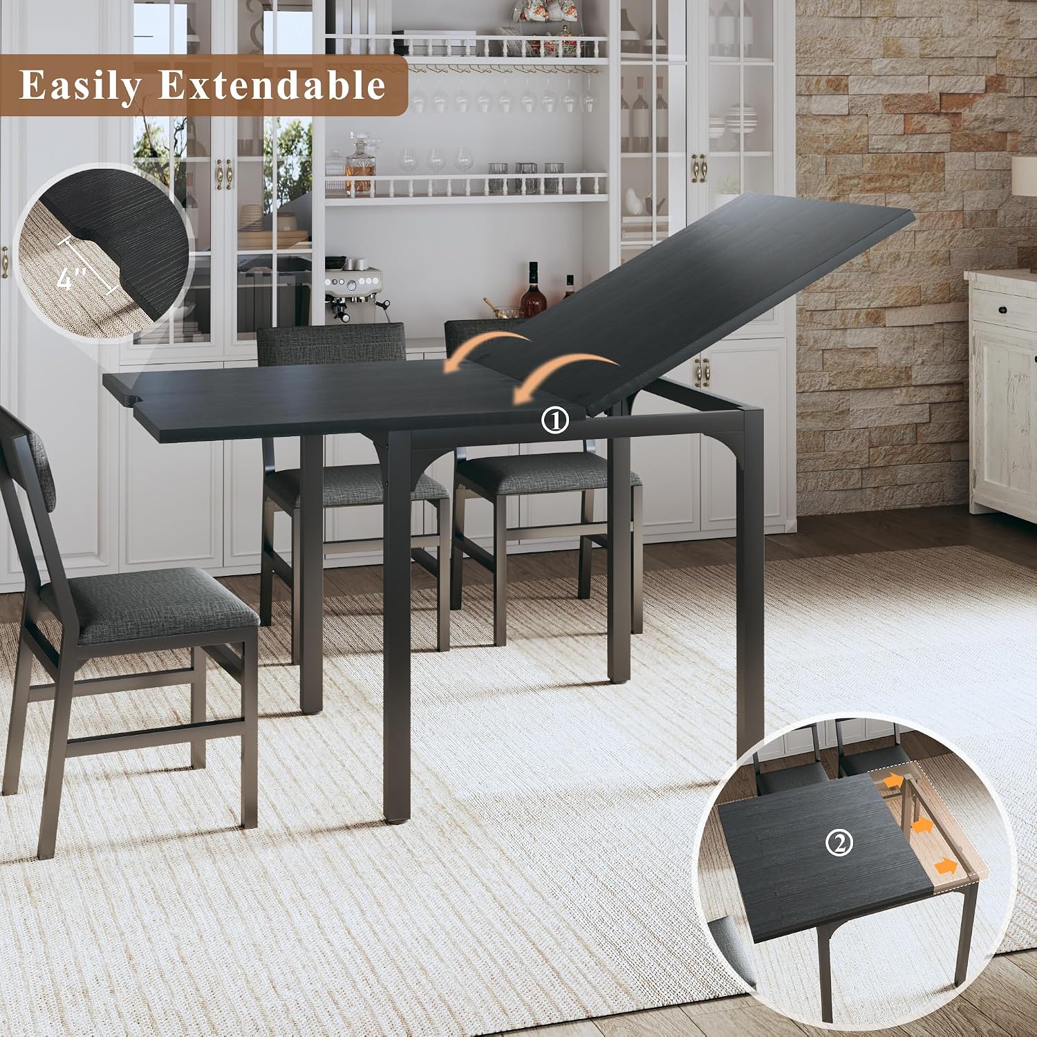 7-Piece Dining Table Set for 4-6, Extendable Kitchen Table Cushion Chairs Set of 6 with 6 Chairs, Rectangle Dining Table with Metal Frame & MDF Board, Folding for Small Apartment Saving Space, Black