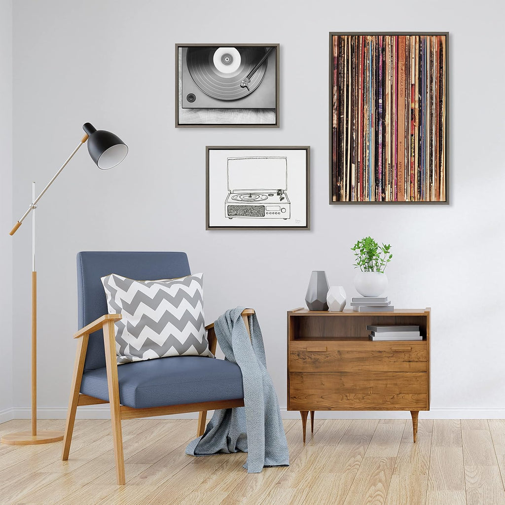 Kate and Laurel Sylvie Records 33RPM, Victrola Record Player and Vinyl Vibes Framed Canvas Wall Art Set by Various Artists, Set of 3, two 16x20 and one 23x33 Gray Frames, Bohemian Vinyl Record Art