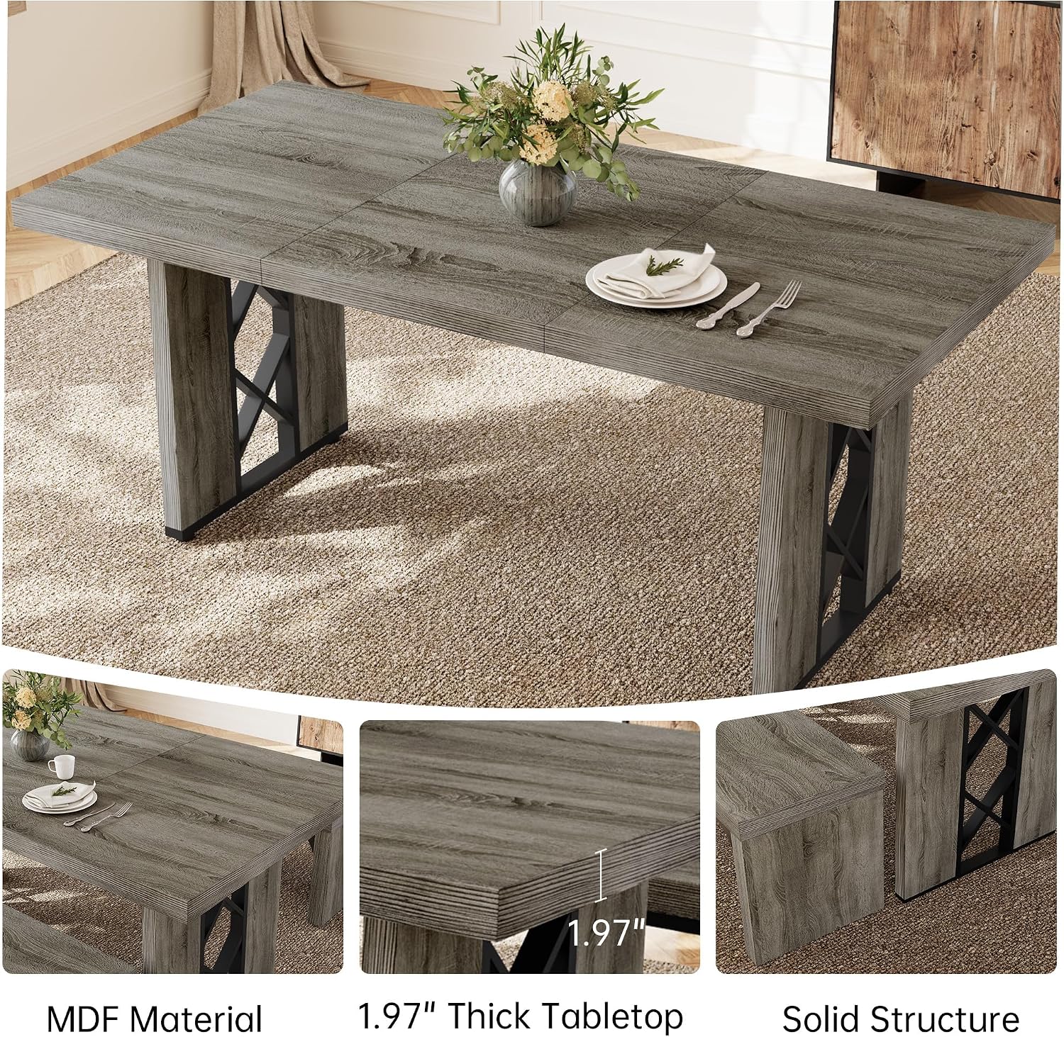 HIPIHOM 70.8' Farmhouse Dining Table for 6 People, Large Rectangle Kitchen Table with Heavy Duty Legs, Industrial Dining Room Furniture for Dinner, Grey