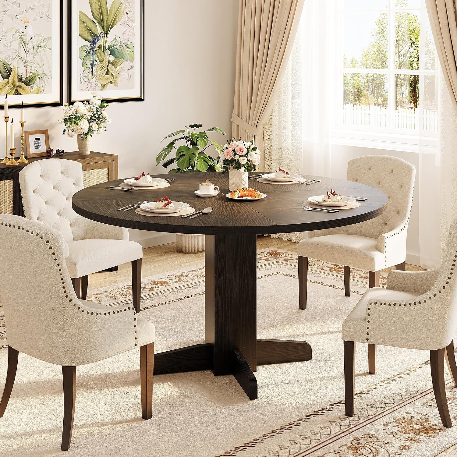 IDEALHOUSE Round Dining Table for 4-6 People, 47' Wood Kitchen Table with Sturdy Pedestal Base, Farmhouse Circle Dinner Tables for Dining Room, Living Room, Apartment, Black
