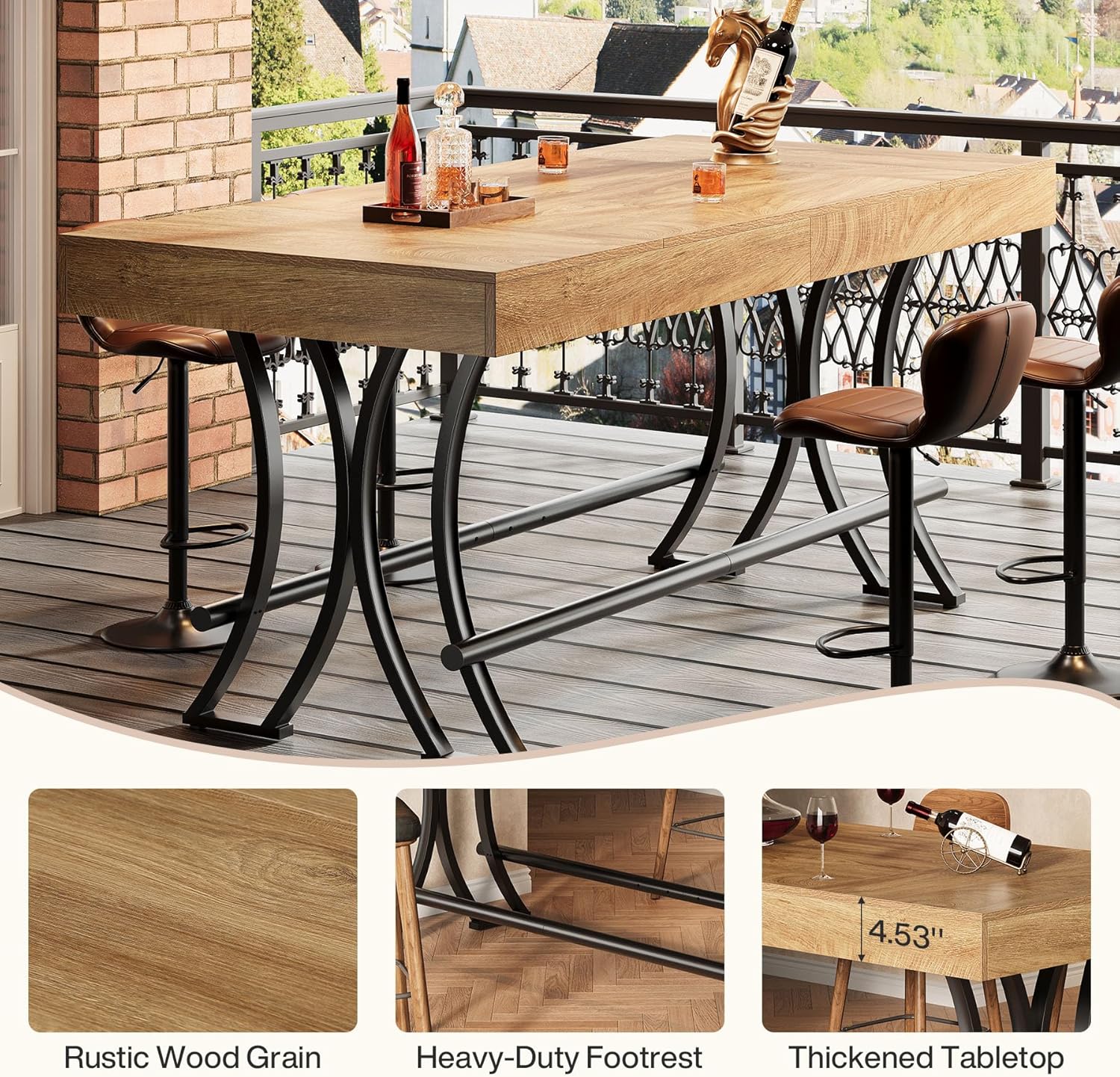 Tribesigns 63' Counter Height Bar Table with Metal Footrest, Rectangular Tall Kitchen Dining Pub Table, Industrial Home Bar Unit for Entertaining, Freestanding, Rustic Brown