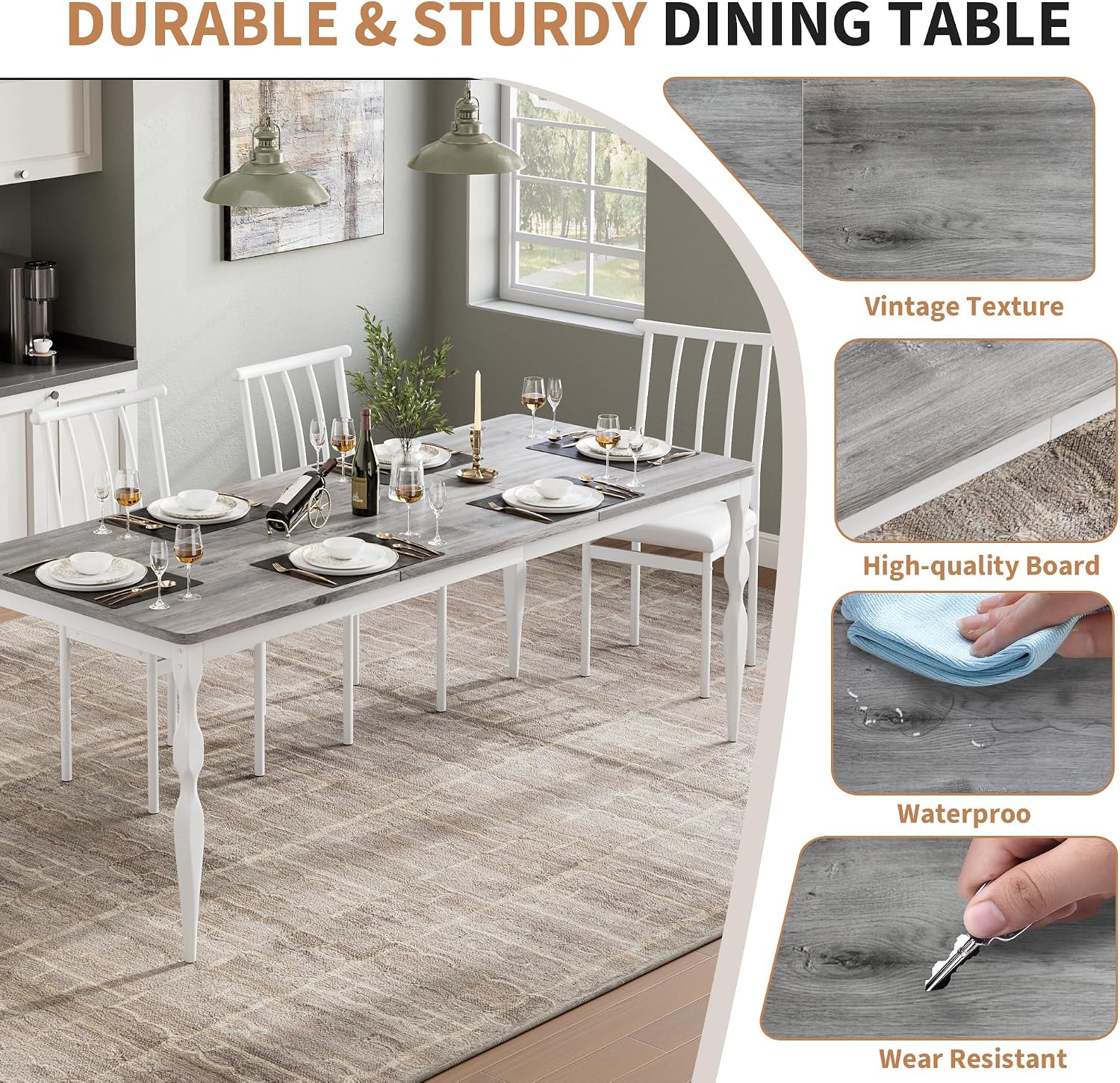 Garvee 71-Inch Modern Farmhouse Dining Table, Large Rectangular Kitchen Table for 6-8 People, Sturdy Wood Top with Unique Legs, Scratch-Resistant Dining Room Furniture for Party, Big Family, Grey