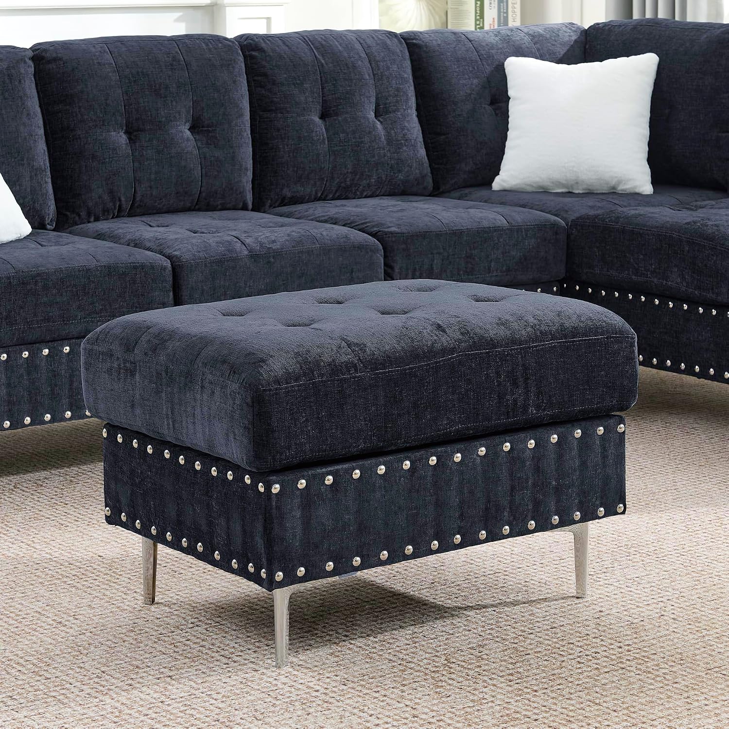 102' L-Shaped Sectional Coch with Chaise & Storage Ottoman, 4-Seater Chenille Upholstered Sofa Couch with Metal Legs & Copper Rivets, Sectional Couches for Living Room with Pillow Back, Navy Bule