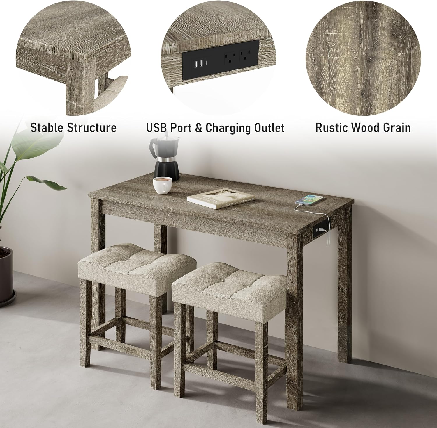 allamazing 3-Piece Counter Height Bar Table Set with Socket and 2 Fabric Padded Bar Stools, Tall Kitchen Breakfast Dining Table Set with Stools (1+2 Natural)