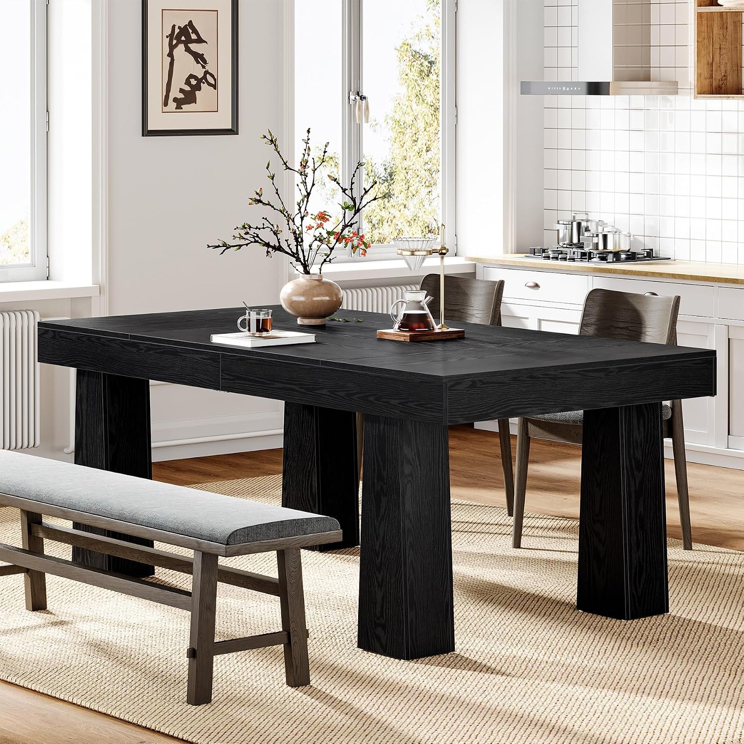 Tribesigns 63'' Dining Table, Modern Rectangular Kitchen Table with Heavy Duty Tapered Legs, Black Business Dinner Table for Dining Room, Cafe, Restaurant, Easy Assembly (1, Black)