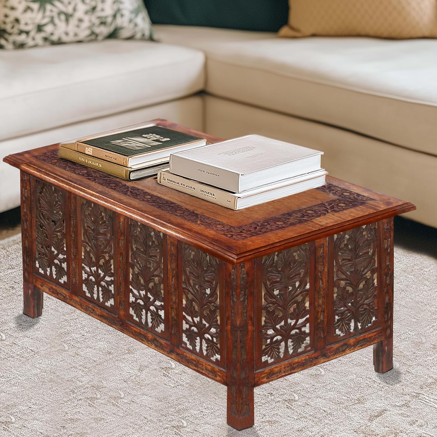 COTTON CRAFT Solid Wood Coffee Table – Hand Carved Center Table with Foldable Legs – Decorative Table for Living Room Small Spaces Entryway Bedroom - No Tools Assembly - 30 x 20 x 18 - Antique Brown