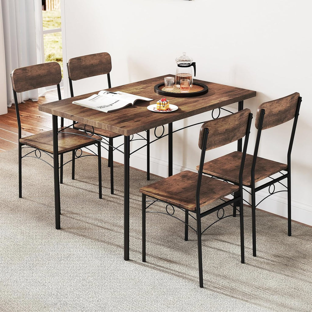 Giantex Dining Table Set for 4, Rectangle Kitchen Table and 4 Farmhouse Dining Chairs with Heavy-Duty Metal Frame, Wood Grain Surface,Space-Saving Dinette Set for Small Space, Home, Restaurant