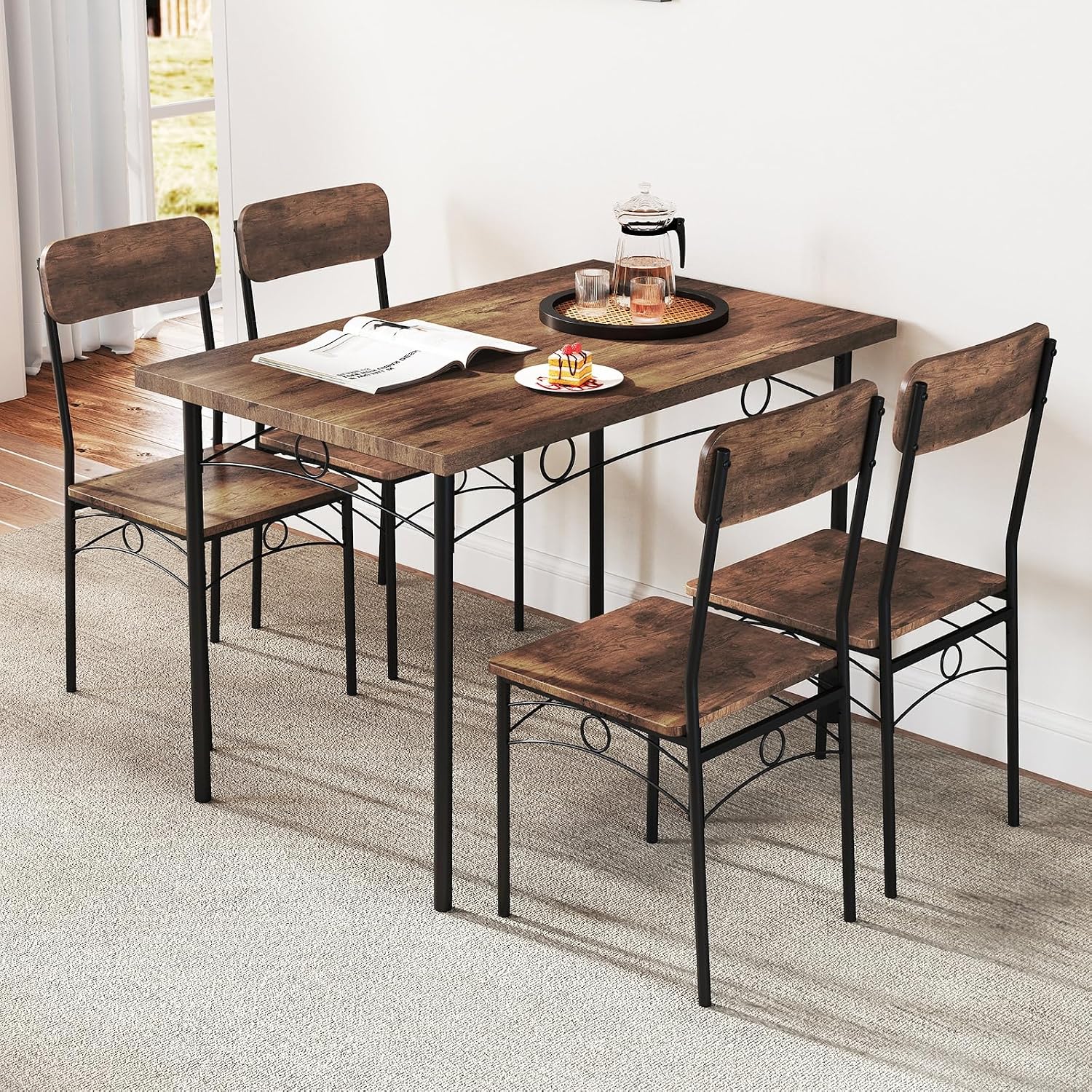 Giantex Dining Table Set for 4, Rectangle Kitchen Table and 4 Farmhouse Dining Chairs with Heavy-Duty Metal Frame, Wood Grain Surface,Space-Saving Dinette Set for Small Space, Home, Restaurant