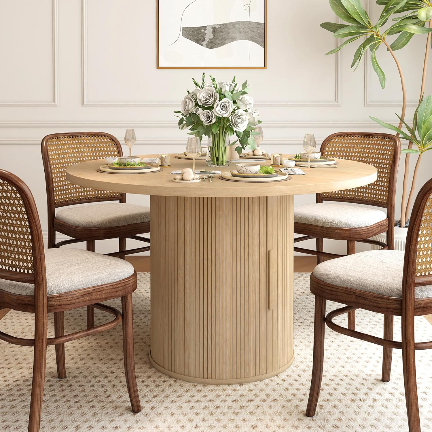weselon 47 inch Round Dining Table for 4, Kitchen Table Dinner Table with 2-Layer Storage Shelf and Wood Slide Door for Home Dining Room Living Room (Natural)