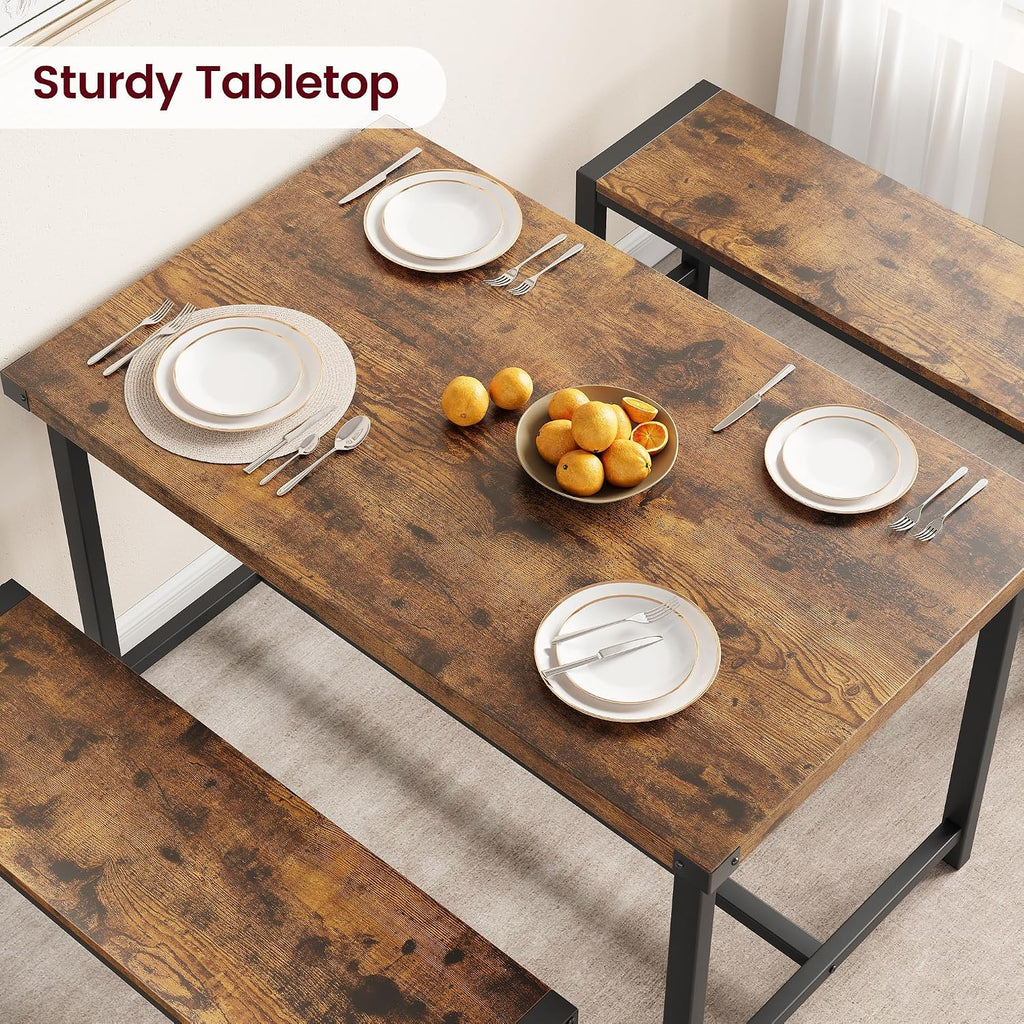 IDEALHOUSE Dining Table Set for 4, Kitchen Table with Benches, Rectangular Dining Room Table Set with 2 Metal Wood Benches, 3 Piece Dining Table Set for Small Space, Apartment, Dinette, Retro Brown