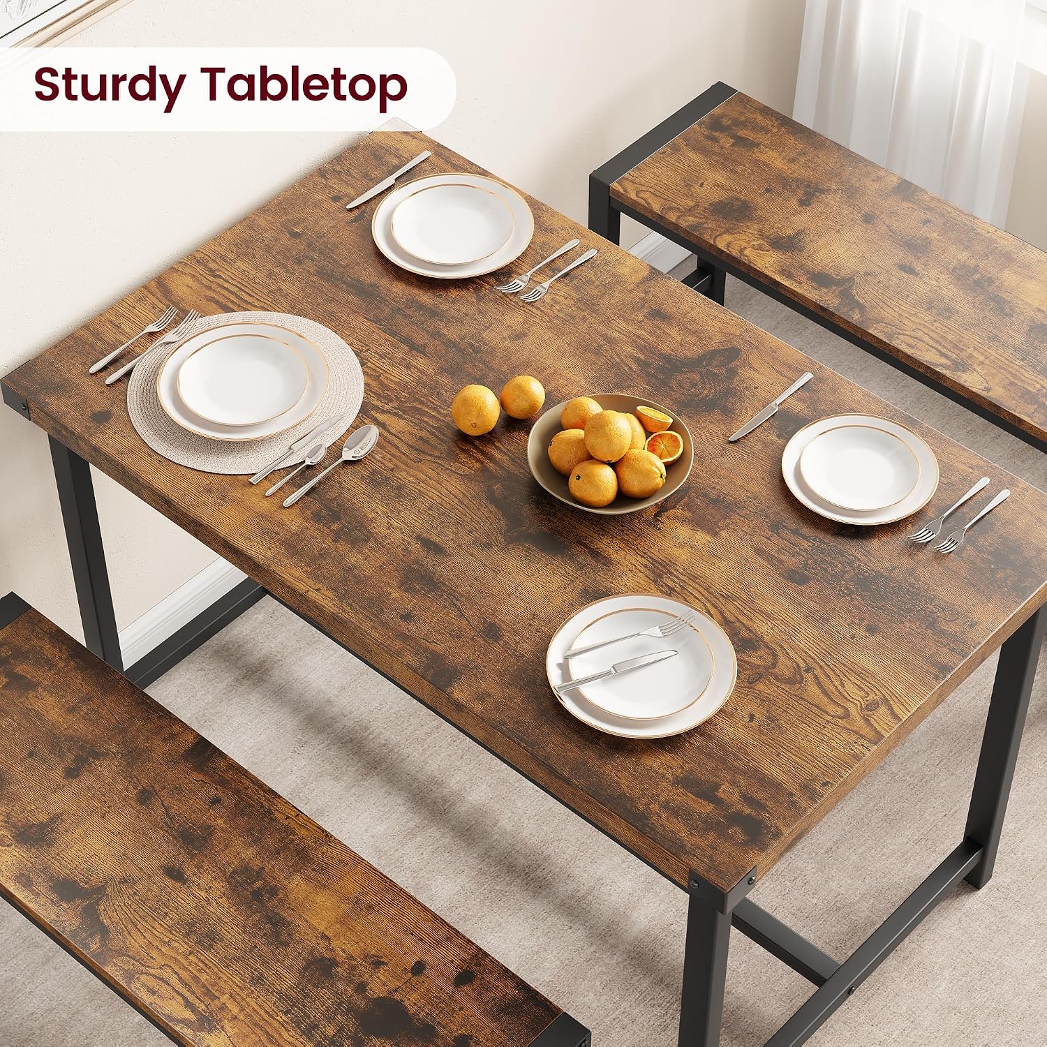 IDEALHOUSE Dining Table Set for 4, Kitchen Table with Benches, Rectangular Dining Room Table Set with 2 Metal Wood Benches, 3 Piece Dining Table Set for Small Space, Apartment, Dinette, Retro Brown