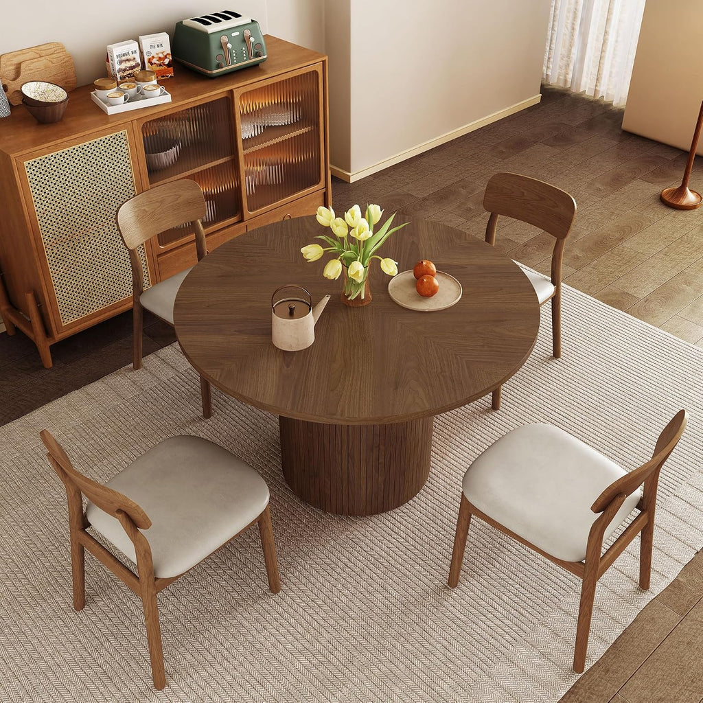 Round Dining Table for 4, Modern Farmhouse Kitchen Table, 47 Inch Small Circle Dining Tables with Wood Strip Base for Kitchen Living Room (Walnut)