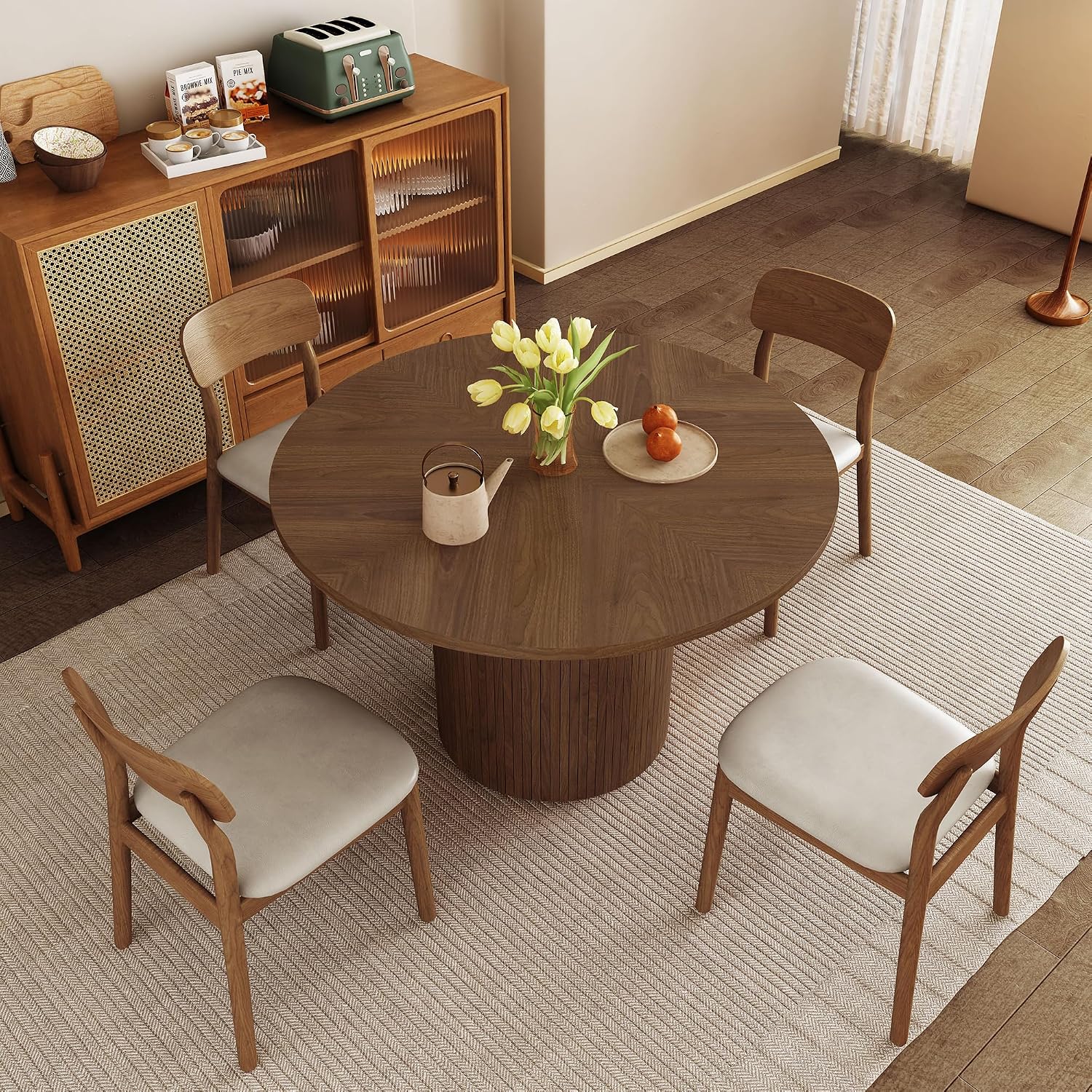 Round Dining Table for 4, Modern Farmhouse Kitchen Table, 47 Inch Small Circle Dining Tables with Wood Strip Base for Kitchen Living Room (Walnut)
