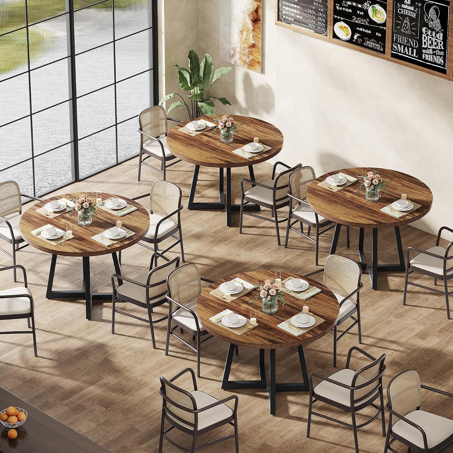 Tribesigns Round Commercial Dining Table Set of 6, 31.5' Heavy Duty Dinner Table with Metal Base, Wooden Kitchen Table for Restaurant, Cafe, Bakery, School, Apartment, Rustic Brown & Black