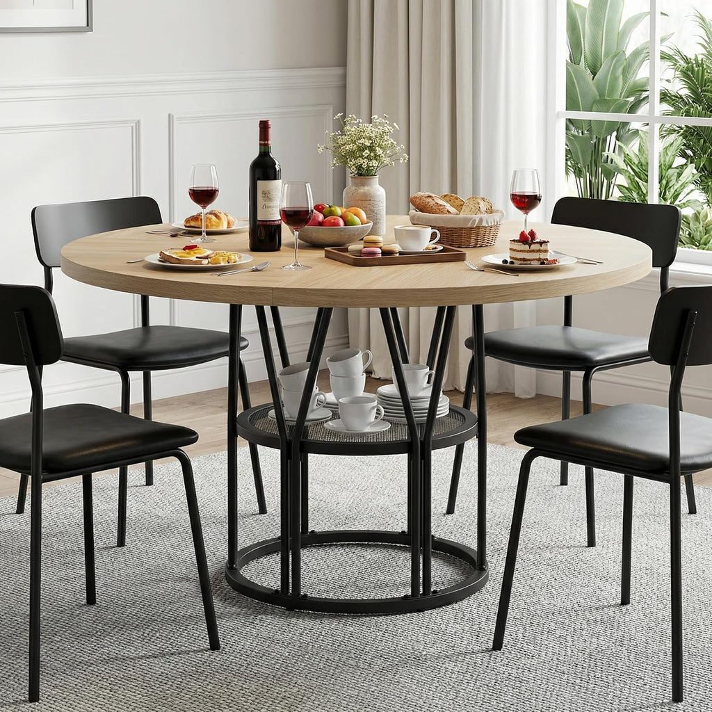 Garvee Round Dinning Table for 4-6 - 47' Circle Dinner Table with Storage Shelf & Sturdy Metal Frame, Modern Breakfast Tea Desk for Kitchen, Living Room, Apartment, Office, Natural