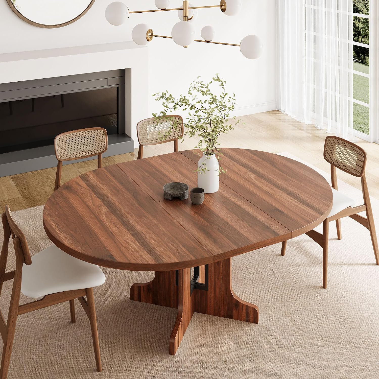 Feonase 59' Round Extendable Dining Room Table for 4-6, Modern Oval Kitchen Table with Heavy Duty Wood Base, Metal Frame Support, for Dining Kitchen Living Room, Easy Assembly, Noise-Free, Walnut