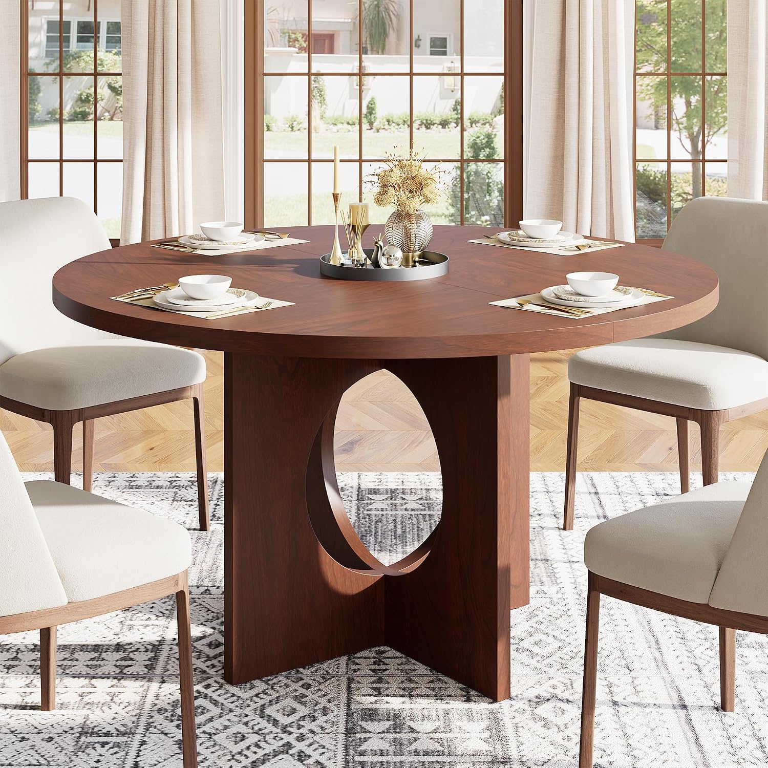 IDEALHOUSE 47' Round Dining Table, Kitchen Table for 4-6 People, Circle Tables with Sturdy Pedestal Base, Space Saving Dinning Room Furniture for Living Room, Kitchen, Apartment, Walnut