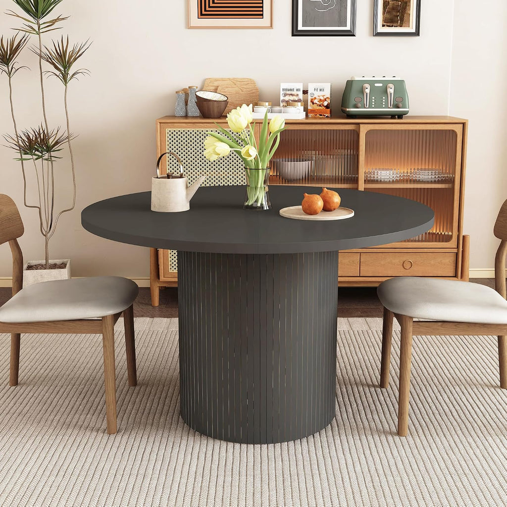 weselon Round Dining Table for 4, Modern Farmhouse Kitchen Table, 47 Inch Small Circle Dining Tables with Wood Strip Base for Kitchen Living Room (Black)