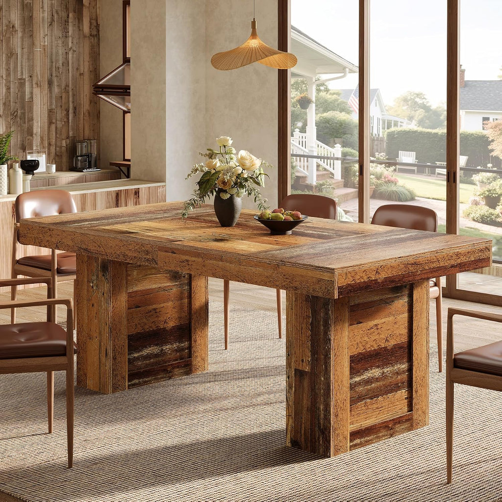 Tribesigns 63'' Farmhouse Dining Table for 6, Rectangle Wooden Kitchen Table with Heavy-Duty Legs, Rustic Large Dining Room Furniture for Family Meals, Banquets & Dinner Parties, Distressd Brown