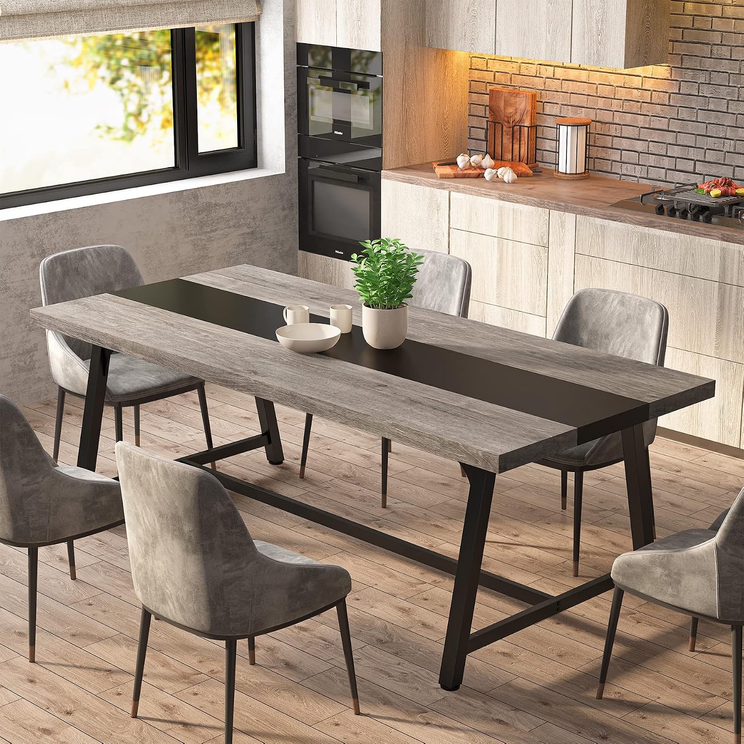 Tribesigns Dining Table for 8 People, 70.87-inch Rectangular Wood Kitchen Table with Strong Metal Frame, Industrial Large Long Dining Room Table for Big Family (Gray, No Chair)