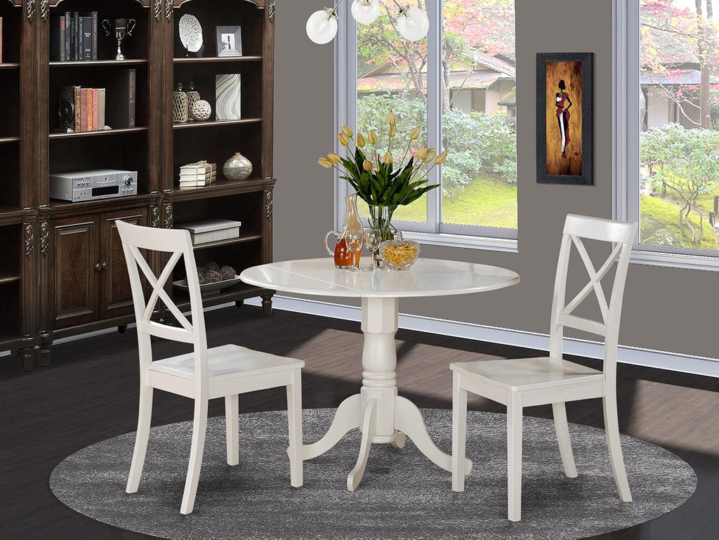 East West Furniture DLBO3-WHI-W 3 Piece Dining Room Table Set Contains a Round Kitchen Table with Dropleaf and 2 Dining Chairs, 42x42 Inch, Linen White