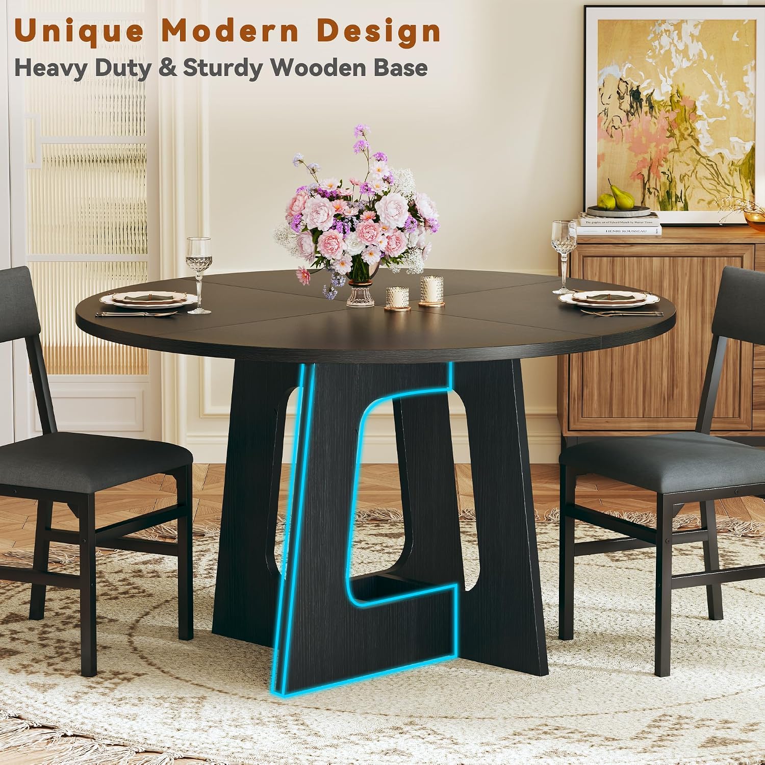 HUAHUU Round Dining Table Set for 4, 5-Piece Kitchen Table and Chairs for 4, 47'' Round Dining Room Table Set with 4 Chairs, Space Saving Dining Table with Wood Base for Kitchen, Living Room, Black