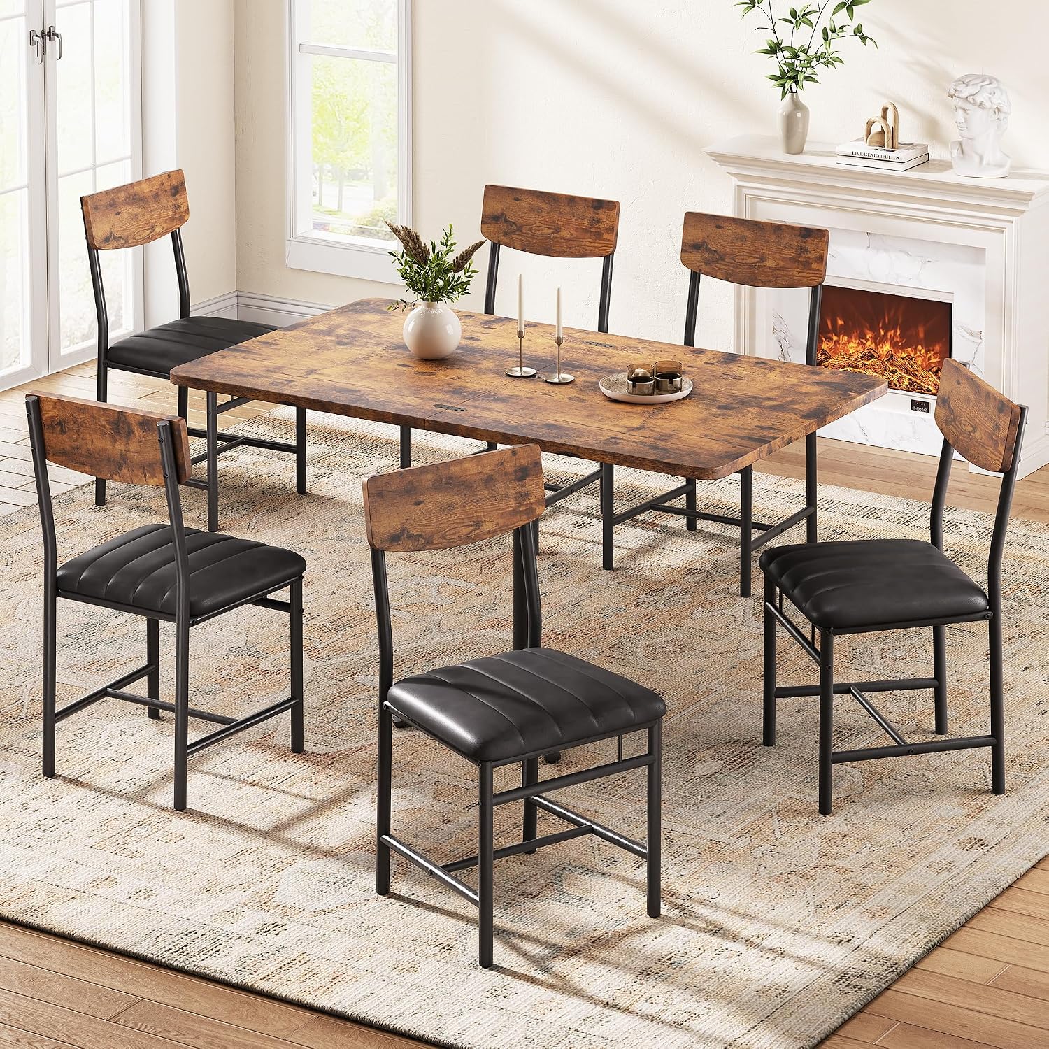 Jocoevol Industrial Dining Chairs Set of 6 - Upholstered Dining Room Chairs with PU Leather, Kitchen Chairs with Wooden Backrest and Thickened Metal Legs, for Dining Room, Living Room (6, Vintage)