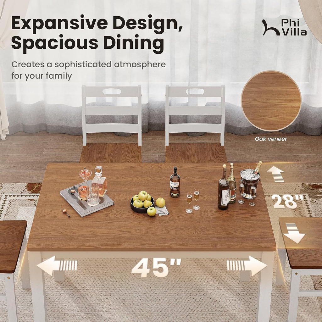PHI VILLA Dining Table Set for 4, Solid Wood Farmhouse Kitchen Table Chairs Set of 4, 5 Piece Space-Saving Dining Room Table Set for Apartment, American Walnut& White