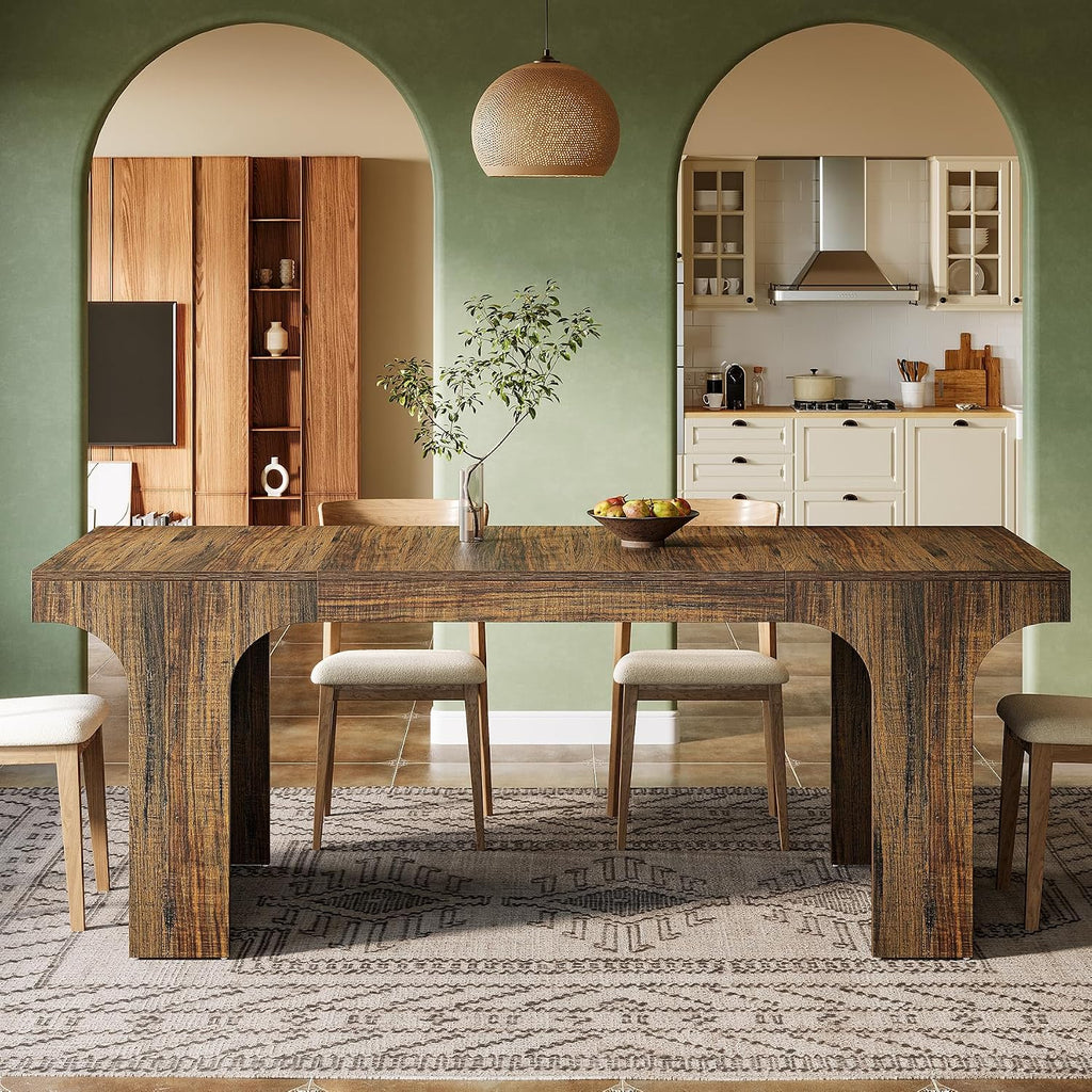 Tribesigns 71-Inch Farmhouse Dining Table for 6-8, Long Modern Wooden Kitchen Table with Arched Design, Large Rectangular Dining Furniture with Double Pedestal for Dinner Room, Rustic Brown