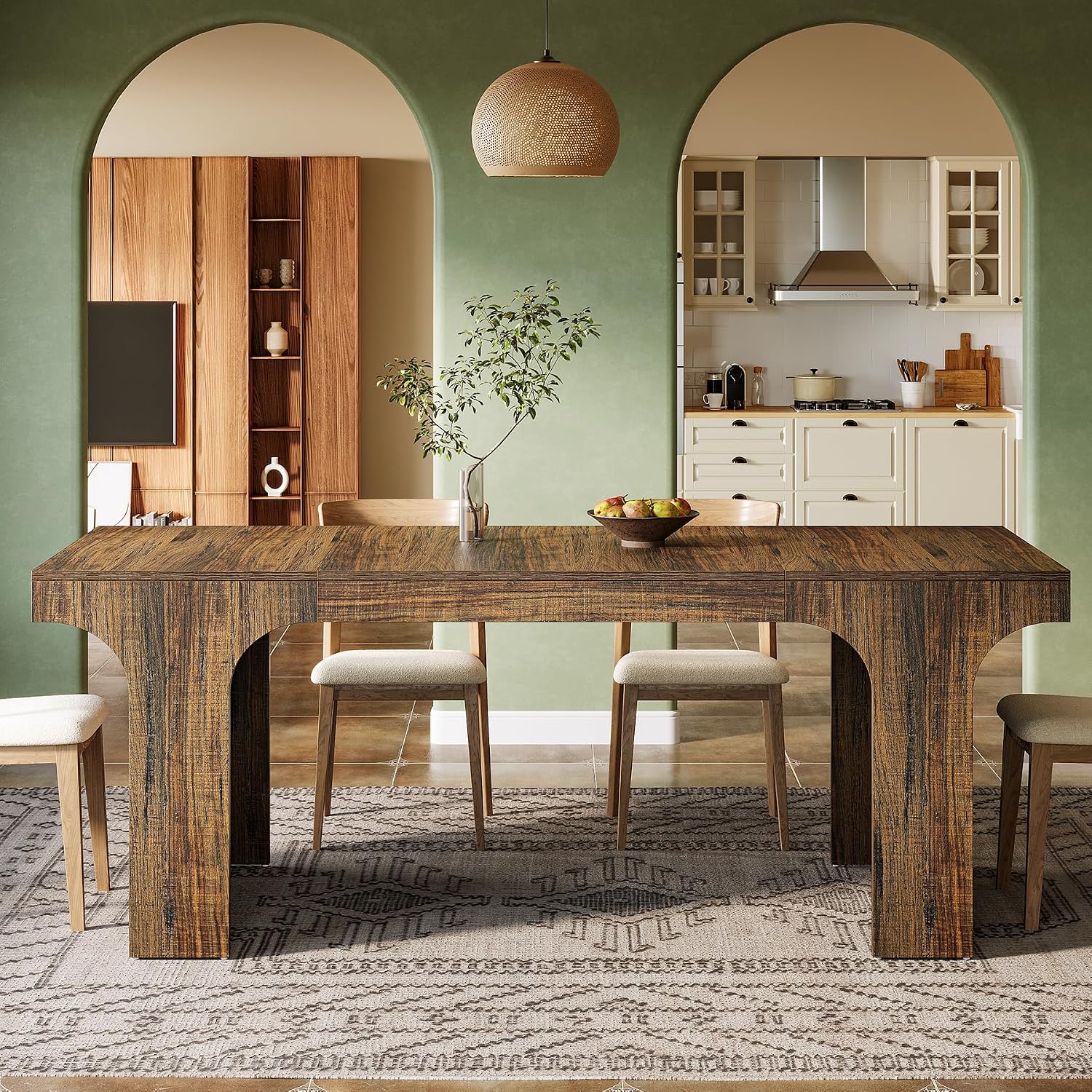 Tribesigns 71-Inch Farmhouse Dining Table for 6-8, Long Modern Wooden Kitchen Table with Arched Design, Large Rectangular Dining Furniture with Double Pedestal for Dinner Room, Rustic Brown