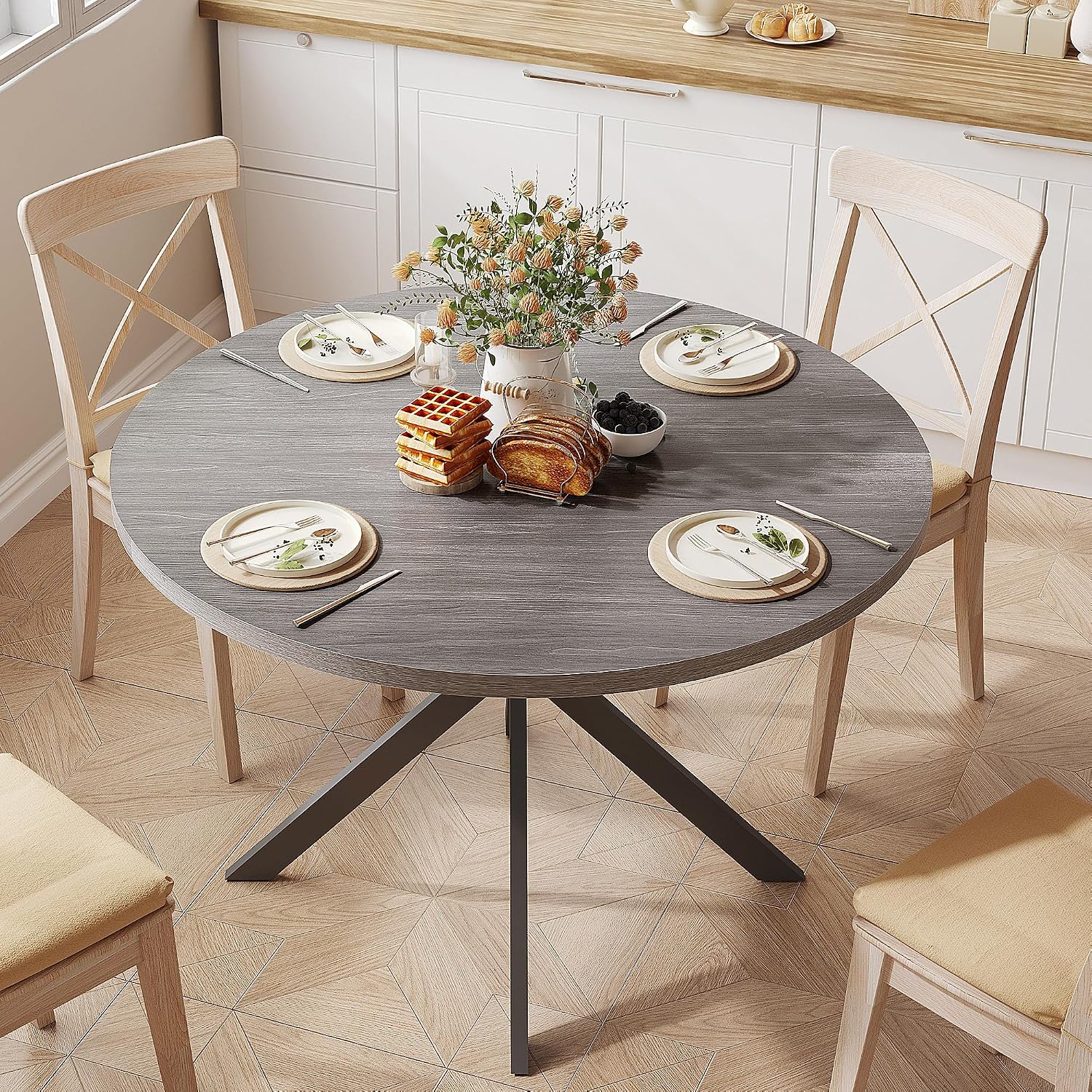 ChooChoo 47.2 Inch Round Dining Table for 4, Farmhouse Wood Kitchen Table, Circle Dinner Table for Kitchen & Dining Room, Grey